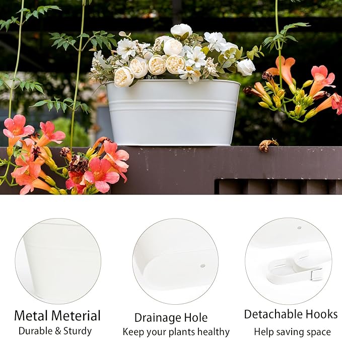 3 Pack Metal Hanging Flower Pots for Railing Fence,Outdoor Balcony Rail Planter with Detachable Hooks Drainage Holes for Deck Garden Home Decor White