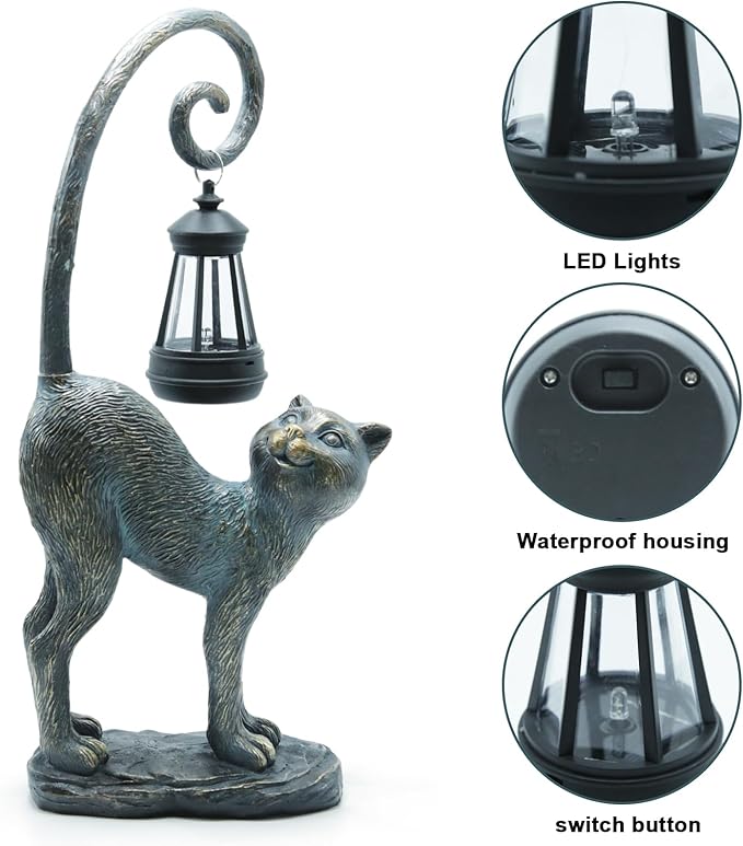 Resin Cat Statue with Solar Lantern, Eye-catching Garden Sculpture Decor,15.3" Height Outdoor Figurine for Garden Yard Patio Decorations,Birthday Gifts