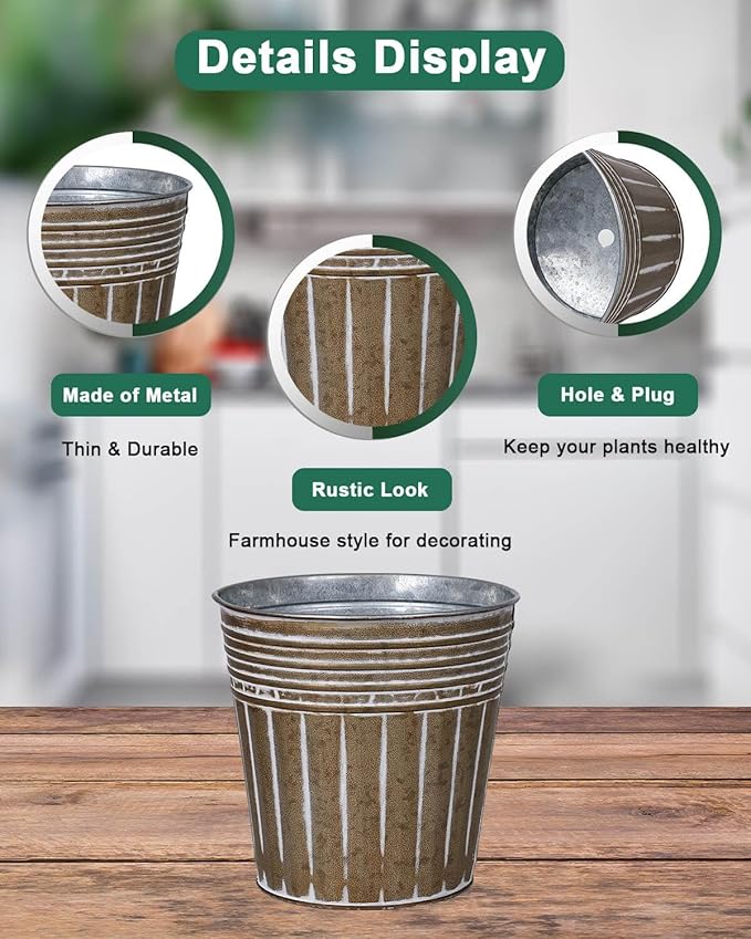vensovo 7 Inches Brown Metal Rustic Flower Pots - 6 Pcs Medium Galvanized Planters with Drainage Hole and Rubber Plug, Rustproof Tin Bucket Plant Pot Farmhouse Vintage Style for Decor
