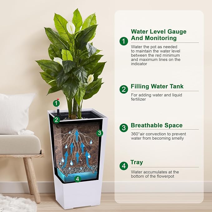 22.5" Tall Planters Set of 2, Outdoor&Indoor Black Planter Pots, High Front Porch Planter Pots with Drainage Holes&Water Level Monitor&Inner Bucket, Automatic Watering, White