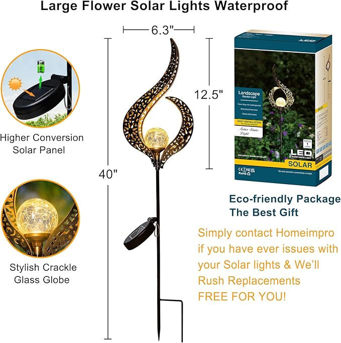 HOMEIMPRO Outdoor Garden Solar Lights Stake,Crackle Glass Globe,Metal Flower Waterproof LED Fairy Lights for Pathway,Lawn,Patio or Courtyard,Gardening Gift (Bronze)