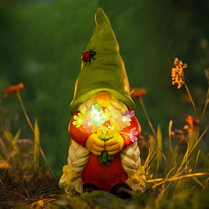 Solar Garden Gnome Lady Statues Outdoor Gnomes with Flowers Lights Porch Patio Lawn Yard Decoration - Ideal Christamas Gardening Birthday Gifts for Woman Mom