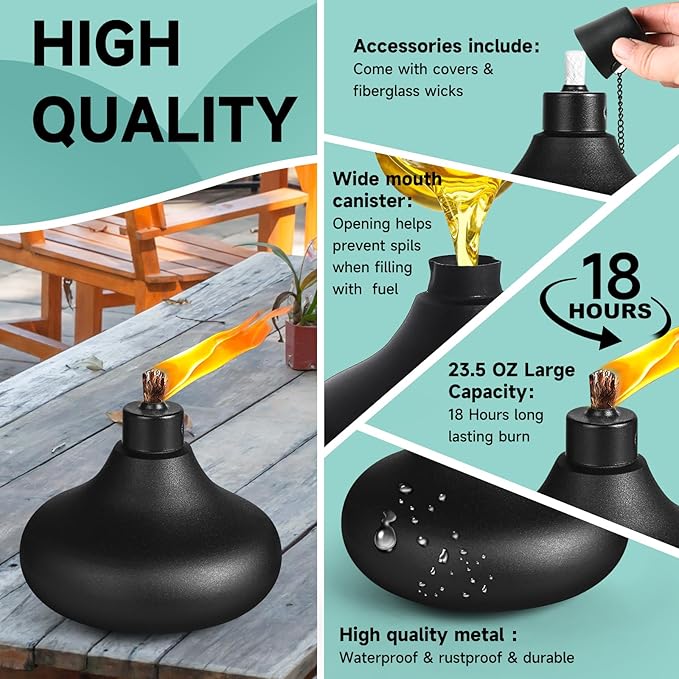 4 Pack Metal Table Top Torches,24.5 oz Citronella Torches for Outside,Refillable Flame Light Torch with Wicks and Covers, Landscape Lanterns Torches for Party, Garden Decor,DIY