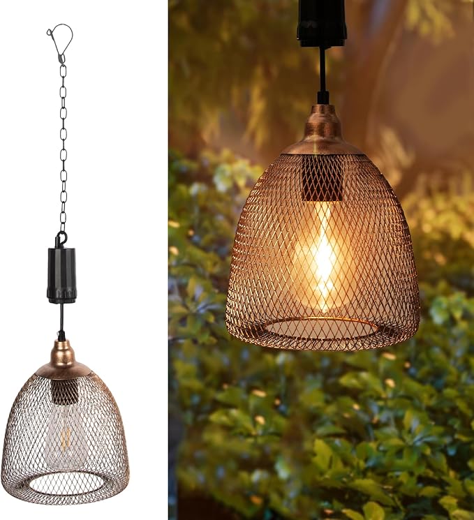 Battery Operated Hanging Light with 6 Hours Timer-Outdoor Indoor Pendant Chandelier Waterproof Lamp Lantern for Gazebo Porch Garden Patio Decorative Metal Warm White Bulb(Brown)