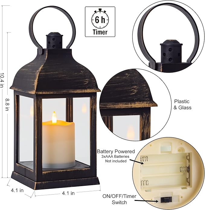 Vintage Lantern Decorative LED Flickering Flameless Candle with Timer, Battery Powered LED Decorative Hanging Golden Brushed Black Lanterns for Indoor Outdoor Garden Yard Home Decor(2 Pack)
