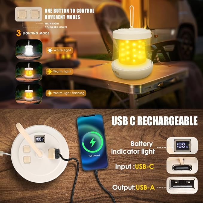 UniqueFire Portable 2 in 1 Camping Lantern,Camping String Lights Outdoor,Rechargeable LED Tent Lantern with Warm String Lights for Camping, Party, Garden and Yard Outdoor Decoration
