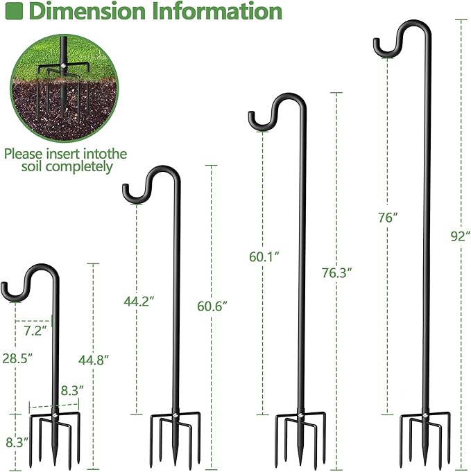 92" Shepherds Hooks for Outdoor, Extra Thick Bird Feeder Pole with 5 Prong Base, Adjustable Shepards Hook for Garden, Weddings, Hanging Plant,2 Pack