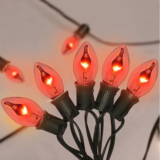 C7 Christmas Flicker Flame String Lights, 25Ft C7 Outdoor Christmas Decorations String Lights with C7 Clear Flicker Flame Bulbs, Hanging Patio Lights for Christmas Halloween Party Garden Porch-Black