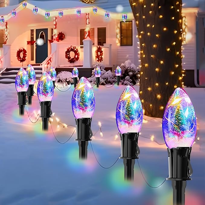 Upgraded 25FT C9 Christmas Pathway Lights Outdoor, 20 LED Bulbs with Stakes, Extendable Waterproof Christmas Lights for Walkway Driveway House Garden Decorations - Multicolor