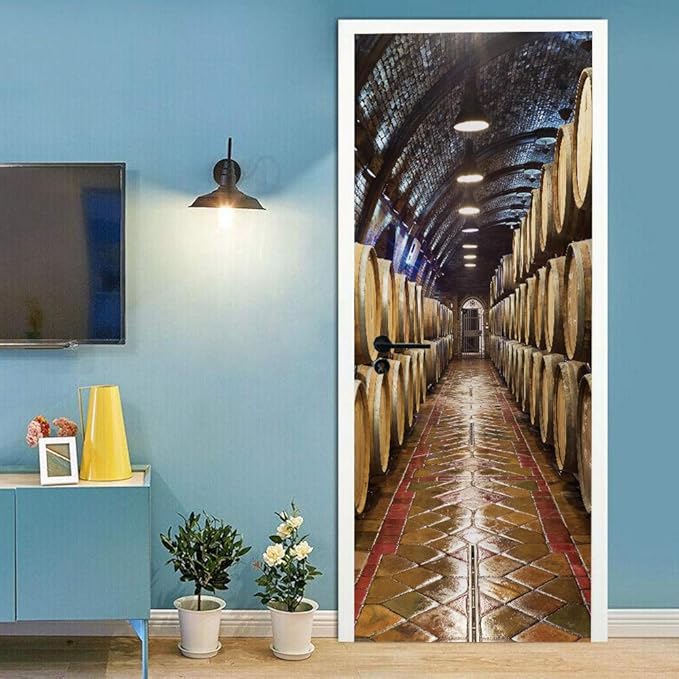 3D Door Stickers - Murals & Decals - Wine Cellar Theme - Peel & Stick, Waterproof, Removable - PVC - 37.4" x 84.6" for Bedroom & Living Room Doors