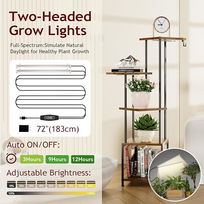 Plant Stand Indoor with Grow Light, 5-Tiered Tall Plant Stand Indoor, Metal Plant Shelf with Hanging Basket Hook and Adjustable Light, Ideal for Living Room, Garden, Patio,Brown and Black(2 pcs )