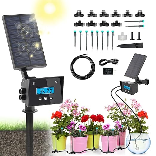 Solar Drip Irrigation System, Automatic Irrigation System for Outdoor Gardening,2200mA Battery and rain Sensing Function,for courtyards, Balconies, Gardens, 10 Potted Plants