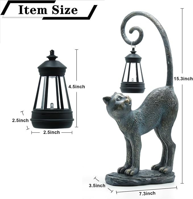 Resin Cat Statue with Solar Lantern, Eye-catching Garden Sculpture Decor,15.3" Height Outdoor Figurine for Garden Yard Patio Decorations,Birthday Gifts