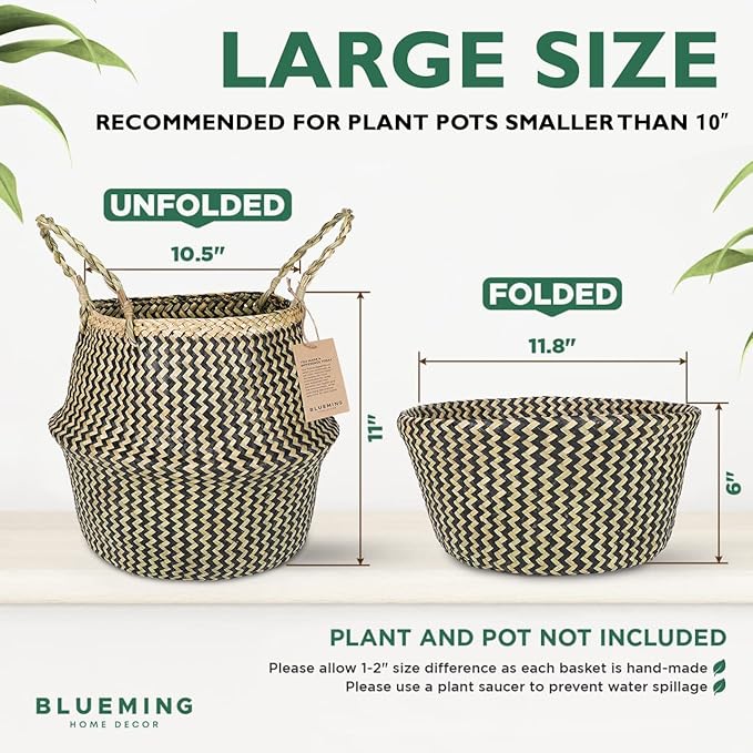 Plant Baskets β Large Seagrass Pot for Tall Indoor Faux Olive Tree, Woven Wicker Rattan Planter for Boho Basket 9-10 Inch (Black, Large)