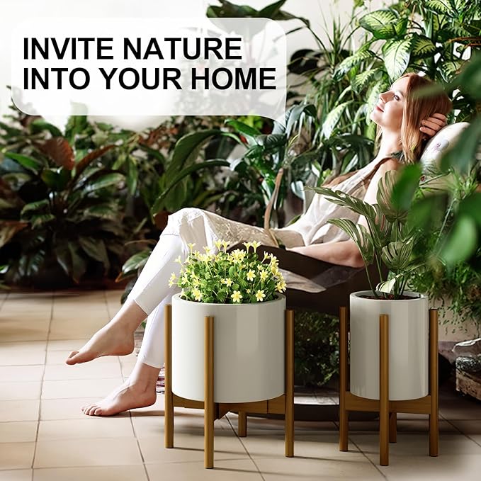 MUDEELA Adjustable Plant Stand Indoor, Bamboo Plant Stand 8 to 12 Inches, Single Floor Plant Stand for Indoor Plants, Bamboo Light Brown Planter Stand for Indoor Plants, Pot Plant Not Included