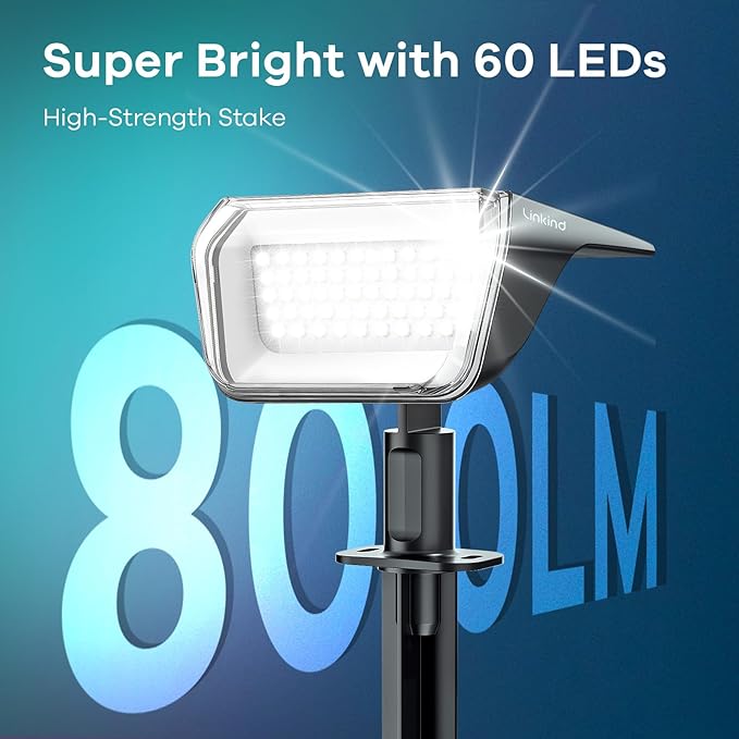 Linkind Solar Lights Outdoor 60 LEDs Solar Lights for Outside Ultra-Bright 800LM S olar Spot Lights 30% Conversion Rate Solar Landscape Light Waterproof IP67 for Garden Yard Pathway, 2Pack Cool White