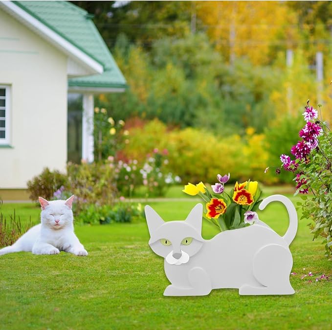 White Cat Planter Plant Pots,Cute Garden Cat Flower Planter,Cat Planters Birthday Gifts for Women,Office,Indoor/Outdoor Decor(12.5 * 5.6 * 7.8in)