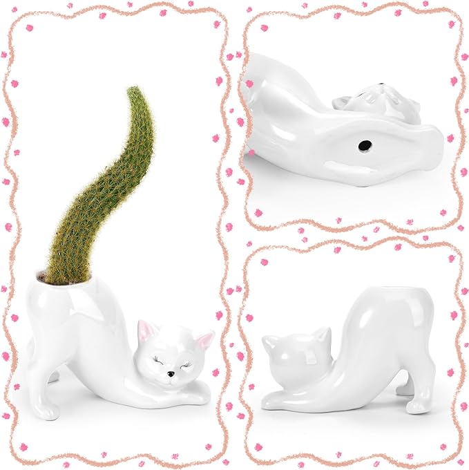 TOIVO Unique Cat Planter Pot,Indoor and Outdoor Plant Displays,Funny Ceramics Cat Flower Pot,Cat Gifts for Cat Lovers,Lovely Office Desk Room Home Decor (White, Small)