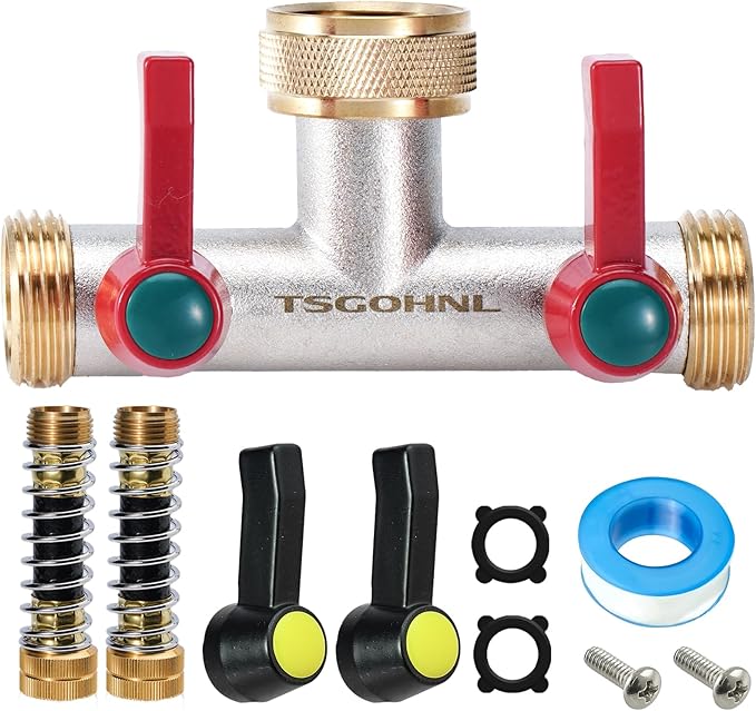 Brass Garden Hose Splitter, 2-Way Heavy Duty Faucet Splitter, 180° longitudinal,Frost Resistant Faucet Diverter for GHT 3/4" Connectors,2 protectors to prevent hose kinking