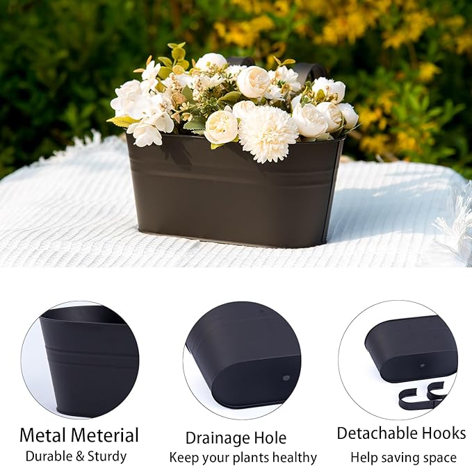 3 Pack Metal Hanging Flower Pots for Railing Fence,Outdoor Balcony Rail Planter with Detachable Hooks Drainage Holes for Deck Garden Home Decor Black