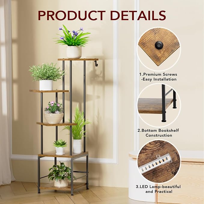 Plant Stand Indoor with Grow Light, 5-Tiered Tall Plant Stand Indoor, Metal Plant Shelf with Hanging Basket Hook and Adjustable Light, Ideal for Living Room, Garden, Patio,Brown and Black(2 pcs )