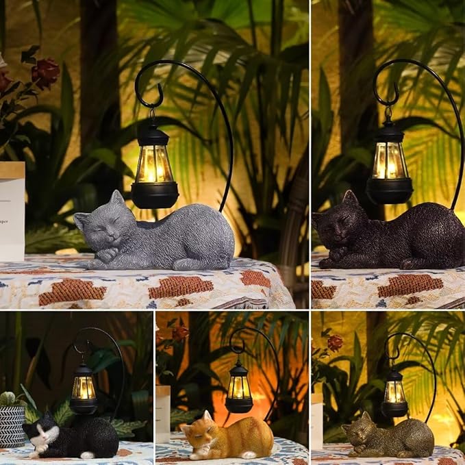 Solar Garden Cat Statues & Figurine with Solar Lantern, 13" Tall Cat Statue Garden Decor for Outside Patio Yard Lawn, Cat Figurine Outdoor Statue Ornament for Porch, Housewarming Gifts for Women