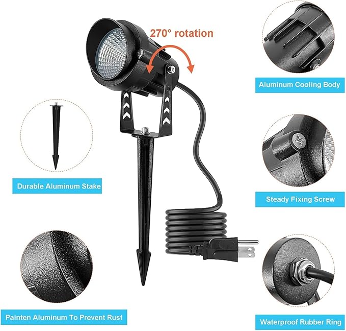 Warm White Spotlight, 12W 3000K Landscape Spot Lights, IP65 Waterproof Garden Lighting, Metal Case COB LED Lights for Lawn Lamp US 3- Plug Yard Christmas Decoration with Stakes(1 Lights)