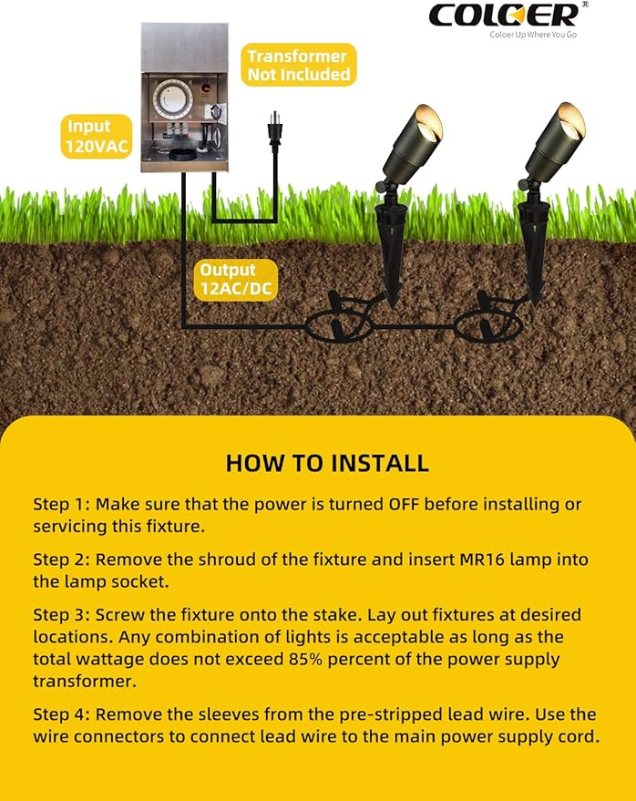 COLOER Brass Landscape Spotlights,10 Pack Spot Lights Outdoor with 5W Aluminum Housing MR16 LED Bulb 2700K 450LM,12V AC/DC Low Voltage Outdoor Lighting for Yard,Uplight for Garden and Patio(101B)