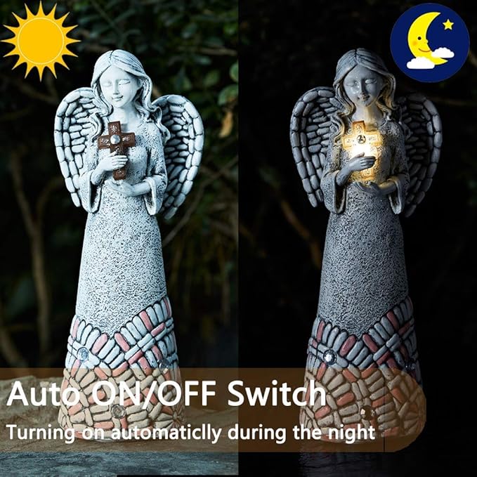 Angel Garden Statues Outdoor Solar Decor Gifts for Women Cross Praying for Cemetery Backyard Lawn Yard Decoration(10.24inch)