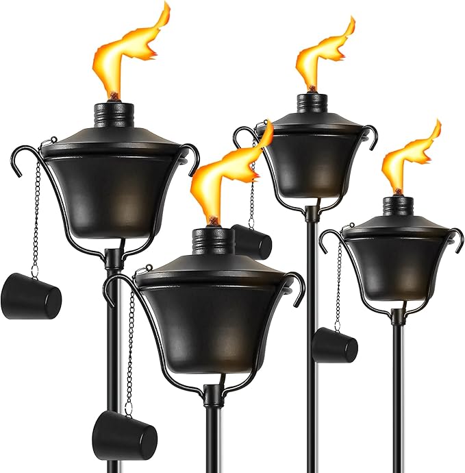 Citronella Torches Set of 4, 3-Prong Grounded Stake Outdoor Torches ,14.5 oz Garden Torches for Outside, 58 inch Outdoor Decorative Torch