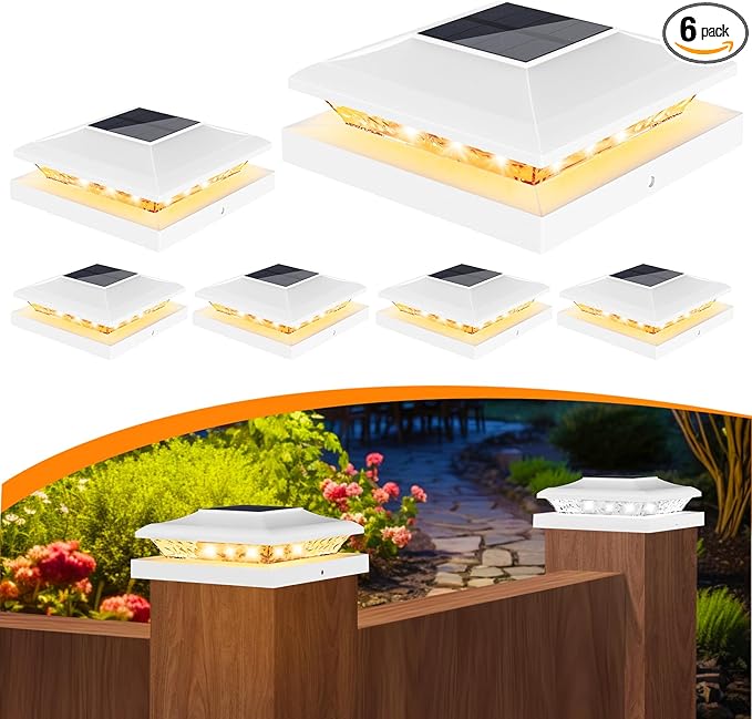 6 Pack Solar Post Cap Light Outdoor Fence Cap Lights 24 LEDs 2 Color Modes for Wooden/Vinyl Post, Waterproof Deck Patio Decoration Fits 5x5, 5.5x5.5 or 6x6 Wooden Posts (3000k/6000k)