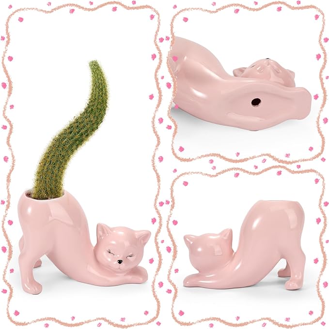TOIVO Cat Planter Pot,Indoor and Outdoor Plant Displays,Funny Ceramics Cat Flower Pot,Cat Gifts for Cat Lovers,Lovely Office Desk Room Home Decor (Pink, Small)