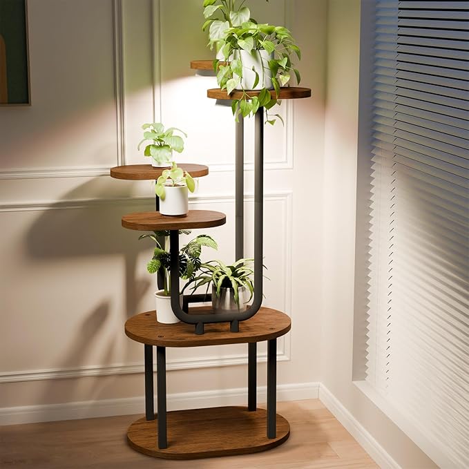 Plant Stand Indoor with Grow Lights, 6 Tier 38.6″ Tall Metal Plant Shelf for Multiple Plants, Plants Shelves Corner Flower Holder, Double U-Shape Plant Rack for Home, Living Room, Patio, Bedroom