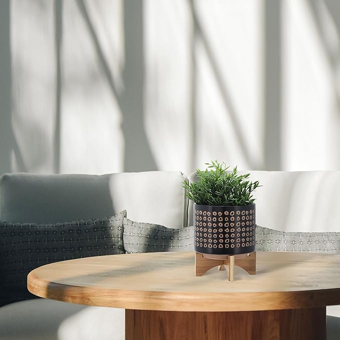 Sagebook Home 9.25" H 8" Diameter Natural Sand and Deep Brown Glazed Ceramic Dotted Planter on Brown Rubberwood Stand for Indoor and Outdoor Decorating