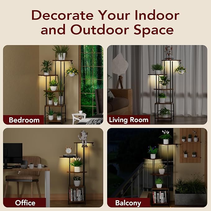 Plant Stand Indoor with Grow Light, 5-Tiered Tall Plant Stand Indoor, Metal Plant Shelf with Hanging Basket Hook and Adjustable Light, Ideal for Living Room, Garden, Patio (Black Brown)