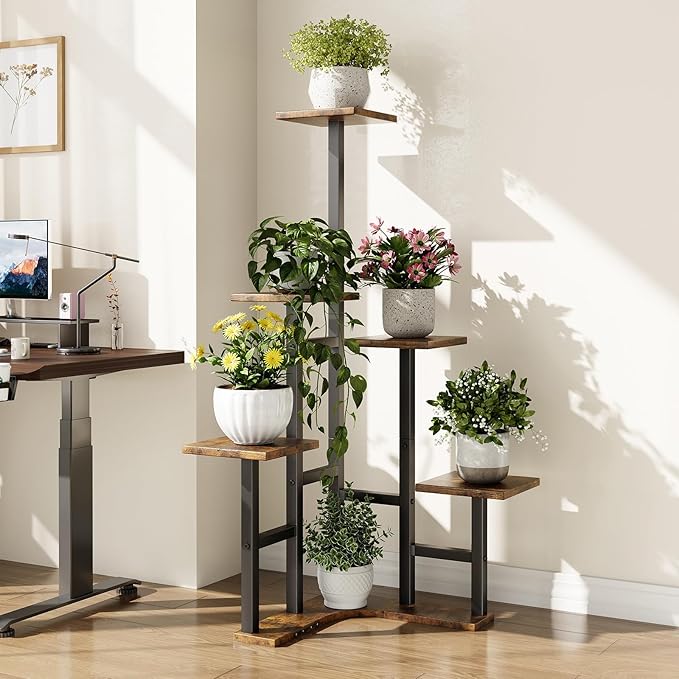Corner Plant Stand Indoor, 6 Tier Corner Plant Shelf Flower Stand for Multiple Plants, Plant Shelves Organizer Rack for Living Room, Balcony, Patio, Garden, Square Rustic Brown