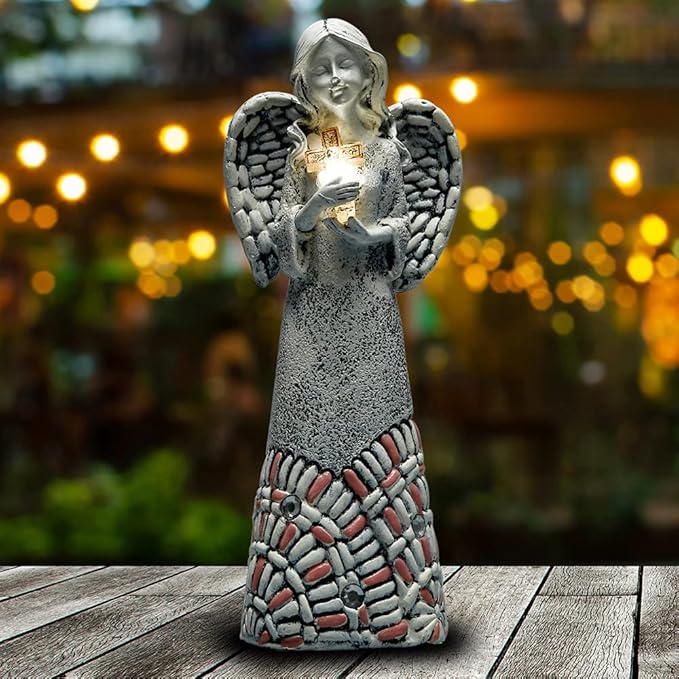 Angel Garden Statues Outdoor Solar Decor Gifts for Women Cross Praying for Cemetery Backyard Lawn Yard Decoration(10.24inch)