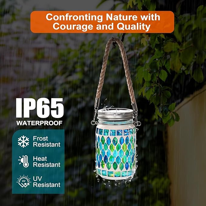 Cooo 2 Pack Mosaic Solar Lanterns Outdoor Waterproof Jar Lights Solar Powered, Hand Paste 141 Crystal Mosaics Table Hanging Garden Backyard Decor Lamps ๏ผJust Little More, Get Double The Delight ๏ผ