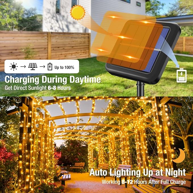 btfarm 4 Pack Solar String Lights Outdoor, Extra Long 480LED 156Ft Solar Christmas Lights Outside Waterproof, 8 Modes Solar Powered Tree Twinkle Light for Garden Yard Patio Party Decoration,Warm White