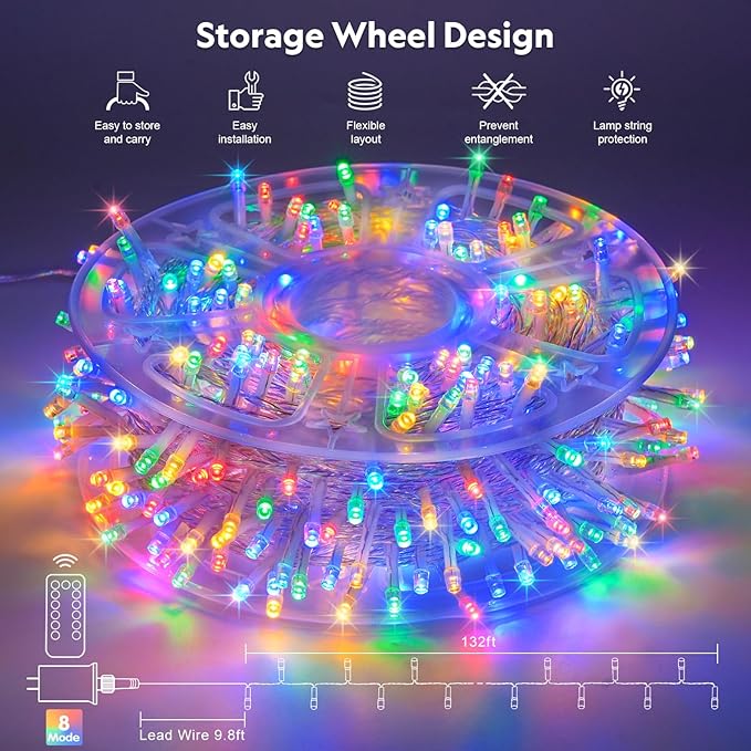 JMEXSUSS 400 LED Christmas Tree Lights Plug in with Remote, 132ft Multicolor Christmas Lights Outdoor Waterproof, 8 Modes Mini String Lights for Patio Yard Party Decorations, EXS-S-0400-R
