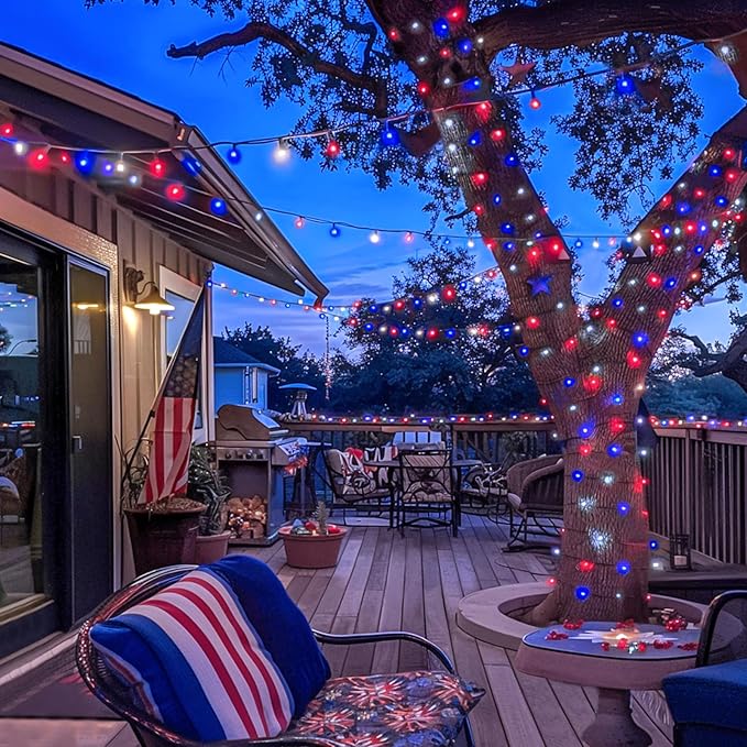JMEXSUSS 2 Pack Red White and Blue Solar Lights 100LED 33ft Patriot Solar String Lights Waterproof, 8 Modes 4th of July Lights for Independence Day, Gardens, Tree, Outdoor 4th of July Decorations