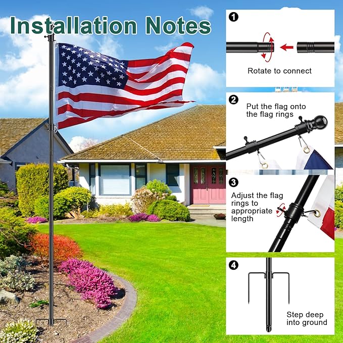 Barcetine 4-Pack Ground Flag Pole Kit - 8.5FT Tangle Free with Anti-Tip Stand Prong -1 inch Heavy Duty Portable Inground Flag Holder for Yard Garden Outdoor, Bonus 3x5 US Flag, Black