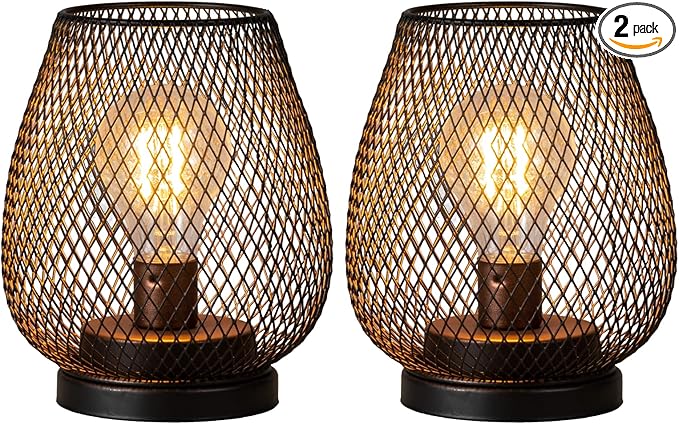 DECORKEY Set of 2 Rechargeable LED Table Lantern, Brown Metal Cage Cordless Lamps with LED Bulb,Vintage Decorative Outdoor Lantern for Weddings, Parties, Patio, Events for Indoors Shelf Decor