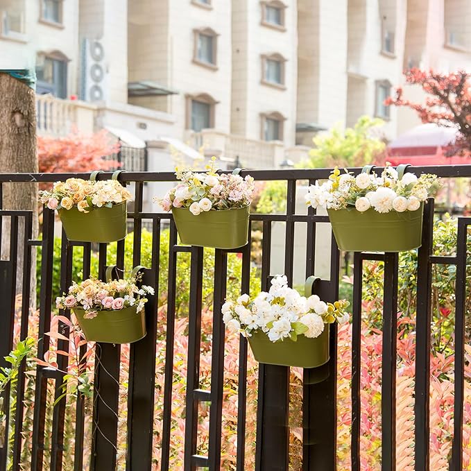 3 Pack Metal Hanging Flower Pots for Railing Fence,Outdoor Balcony Rail Planter with Detachable Hooks Drainage Holes for Deck Garden Home Decor Green