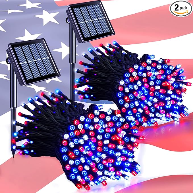 JMEXSUSS 2 Pack Red White and Blue Solar Lights, 200LED 75.5ft Patriot Solar String Lights Outdoor Waterproof, 8 Modes 4th of July Light for Independence Day Patio Garden Tree Decorations