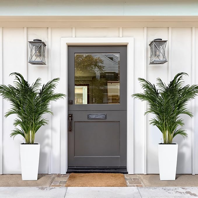 16" Tall Planters Set of 2, Outdoor&Indoor Black Planter Pots, High Front Porch Planter Pots with Drainage Holes&Water Level Monitor&Inner Bucket, Automatic Watering,White