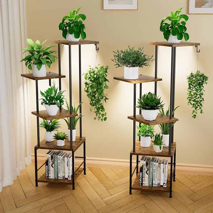 Plant Stand Indoor with Grow Light, 5-Tiered Tall Plant Stand Indoor, Metal Plant Shelf with Hanging Basket Hook and Adjustable Light, Ideal for Living Room, Garden, Patio,Brown and Black(2 pcs )