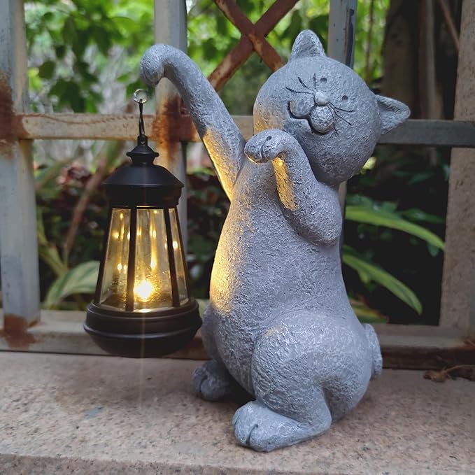 Cat Solar Garden Statues,Resin Cat Figurine Decorations with Solar Lights Lantern, Outdoor,Statue Decor Art for Lawn,Yard,Unique Housewarming Gift for Garden Home