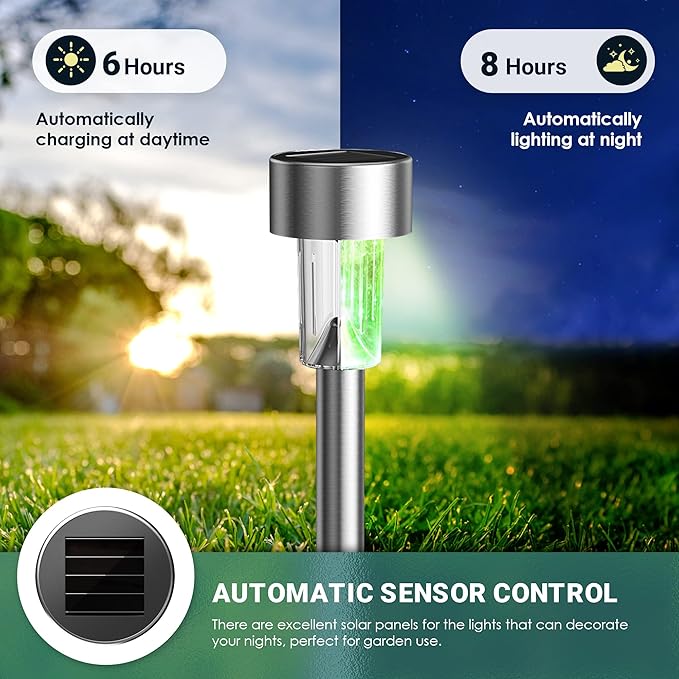GIGALUMI 12Pack 6Color Solar Garden Lights, Solar Christmas Lights Outdoor Waterproof Decorative, Stainless Steel Led Pathway Landscape Lighting for for Landscape, Yard, Garden, Lawn and Walkway