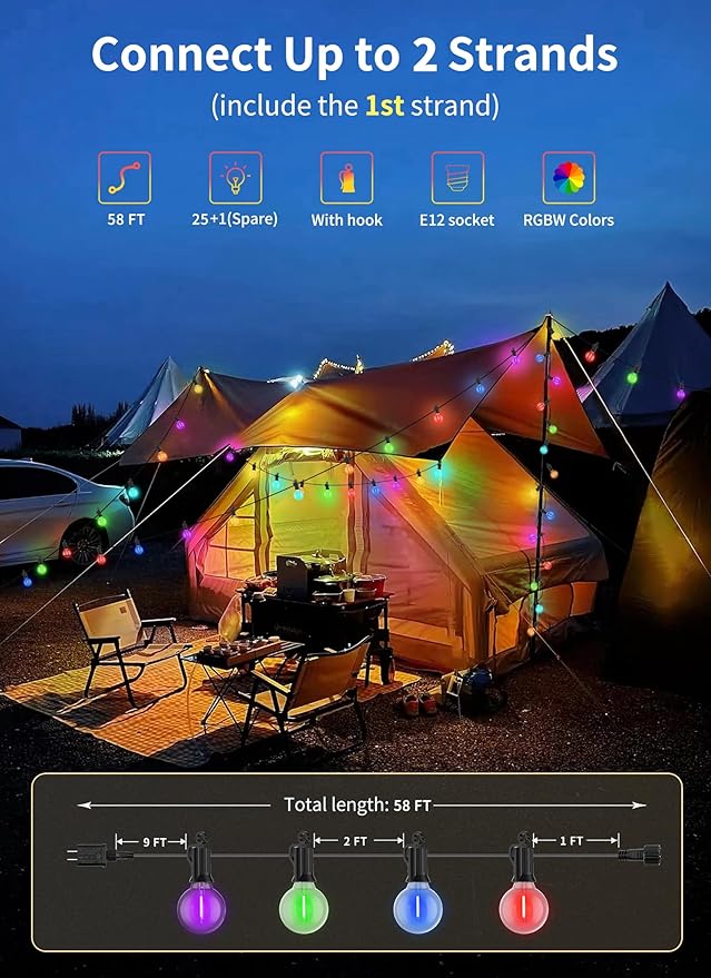 Brightown RGBW Outdoor String Lights, 58FT LED Patio Lights with Remote and Timer, Commercial Grade Waterproof Hanging Lights with 27 Shatterproof Bulbs(2 Spare) for Backyard Porch Garden Party Decor